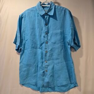 Island Republic Blue Linen Button Up Short Sleeve Shirt Men's Size M